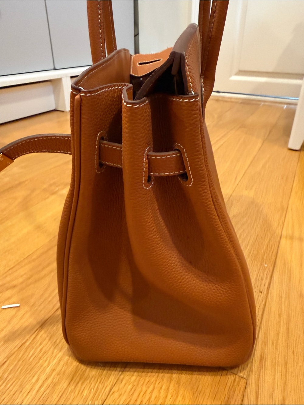 Cognac Brown Genuine Leather Structured Top Handle Tote Bag - Picture 11 of 13